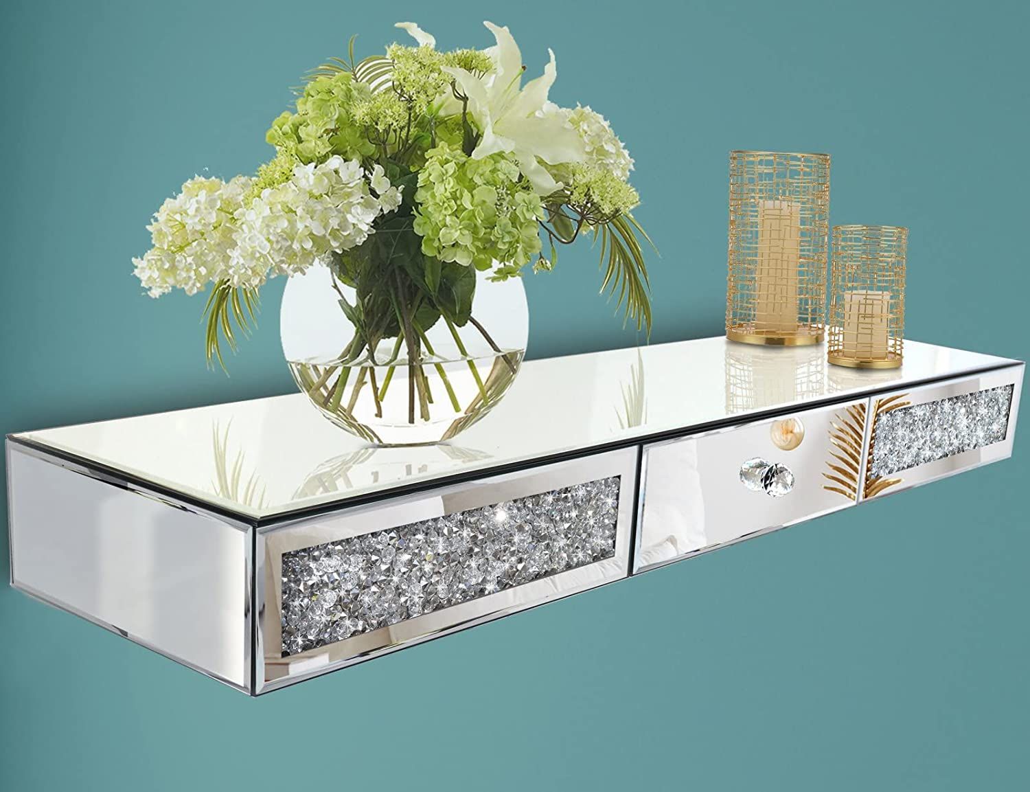 Mirrored Furniture Wall Shelf with Drawer, Crystal Diamond Floating Showcase, Silver Mirror Crush... | Walmart (US)