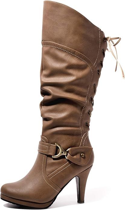 katliu Women's Heeled Knee High Boots Back Lace Up Slouchy High Heel Boots | Amazon (US)