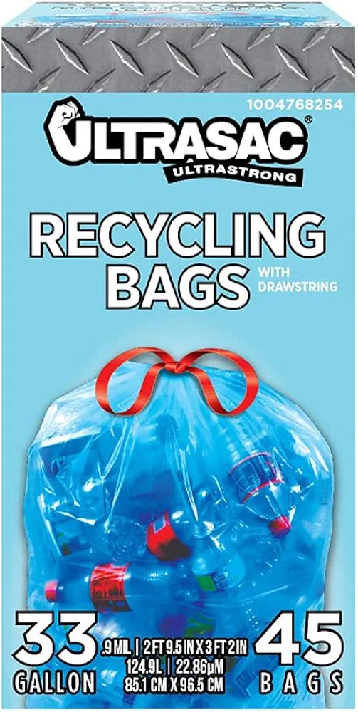 Ultrasac Blue Recycling Bags 33 Gallon 0.9 MIL, 33.5" x 38" - Pack of 45 - For Recycling, Kitchen... | Amazon (US)