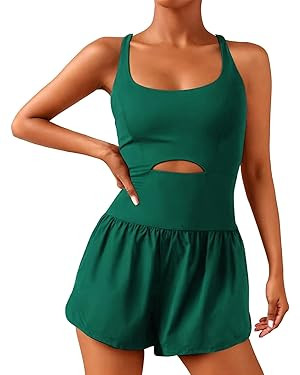 Wenlia Women Workout Romper Onesie with Padded Bras Sleeveless One Piece Outfits Shorts Atheletic... | Amazon (US)