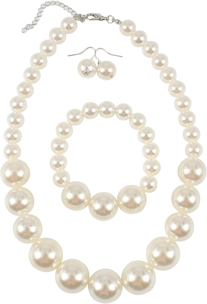 KOSMOS-LI Women's Large Big Simulated Pearl Statement 19" Necklace Bracelet and Earrings Jewelry ... | Amazon (US)