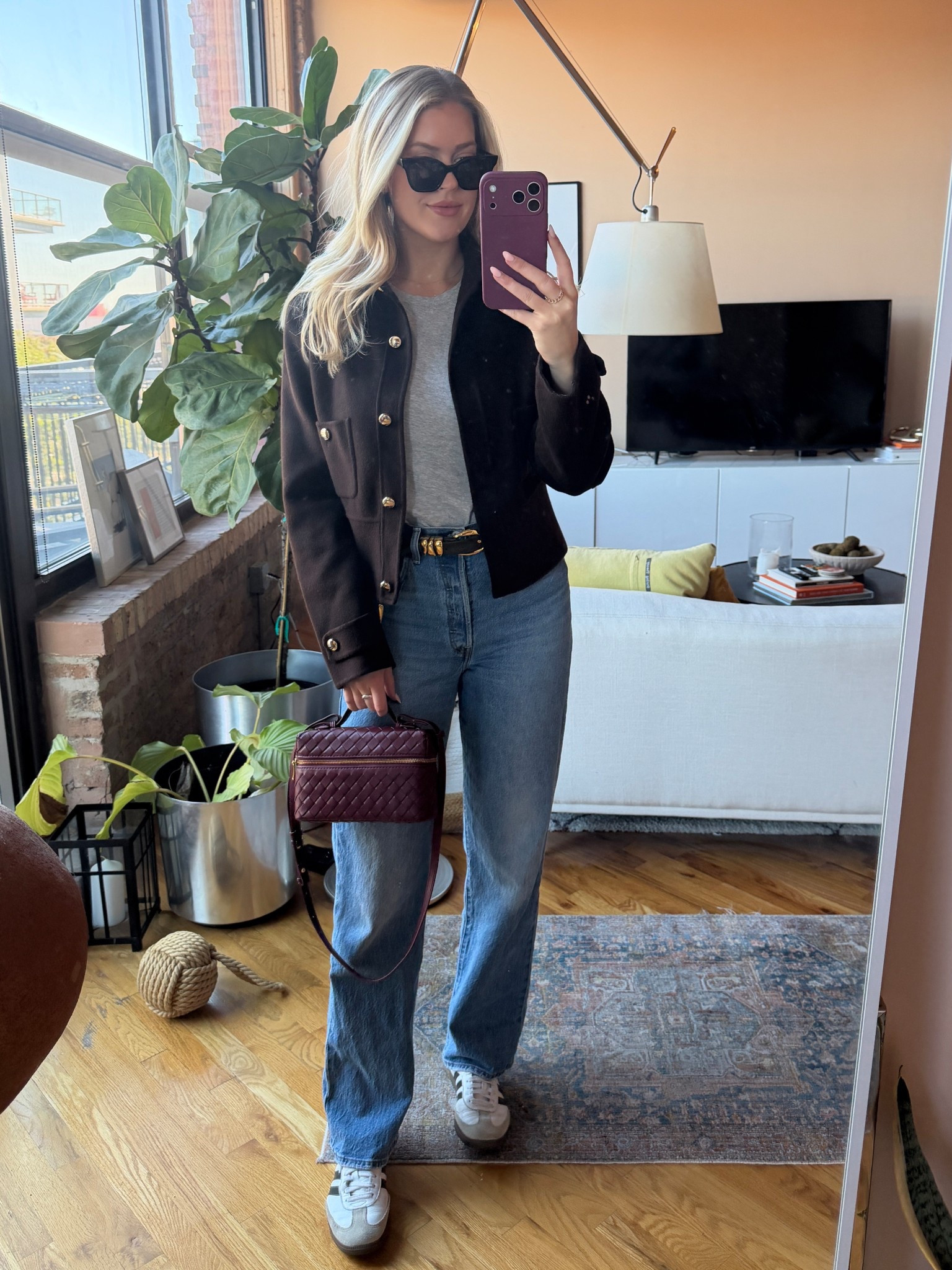 Fall on the go ootd. Lunch and errands

Jacket: Maje
Tshirt: Z Supply
Jeans: Levi’s Ribcage Full Length Straight
Shoes: Adidas Sambas
Bag: Amazon 
Belt: Madewell
Sunglasses: Madewell

Fall fashion, outfit inspo, denim, casual, jeans and a shirt

#LTKSeasonal #LTKFindsUnder50 #LTKFindsUnder100