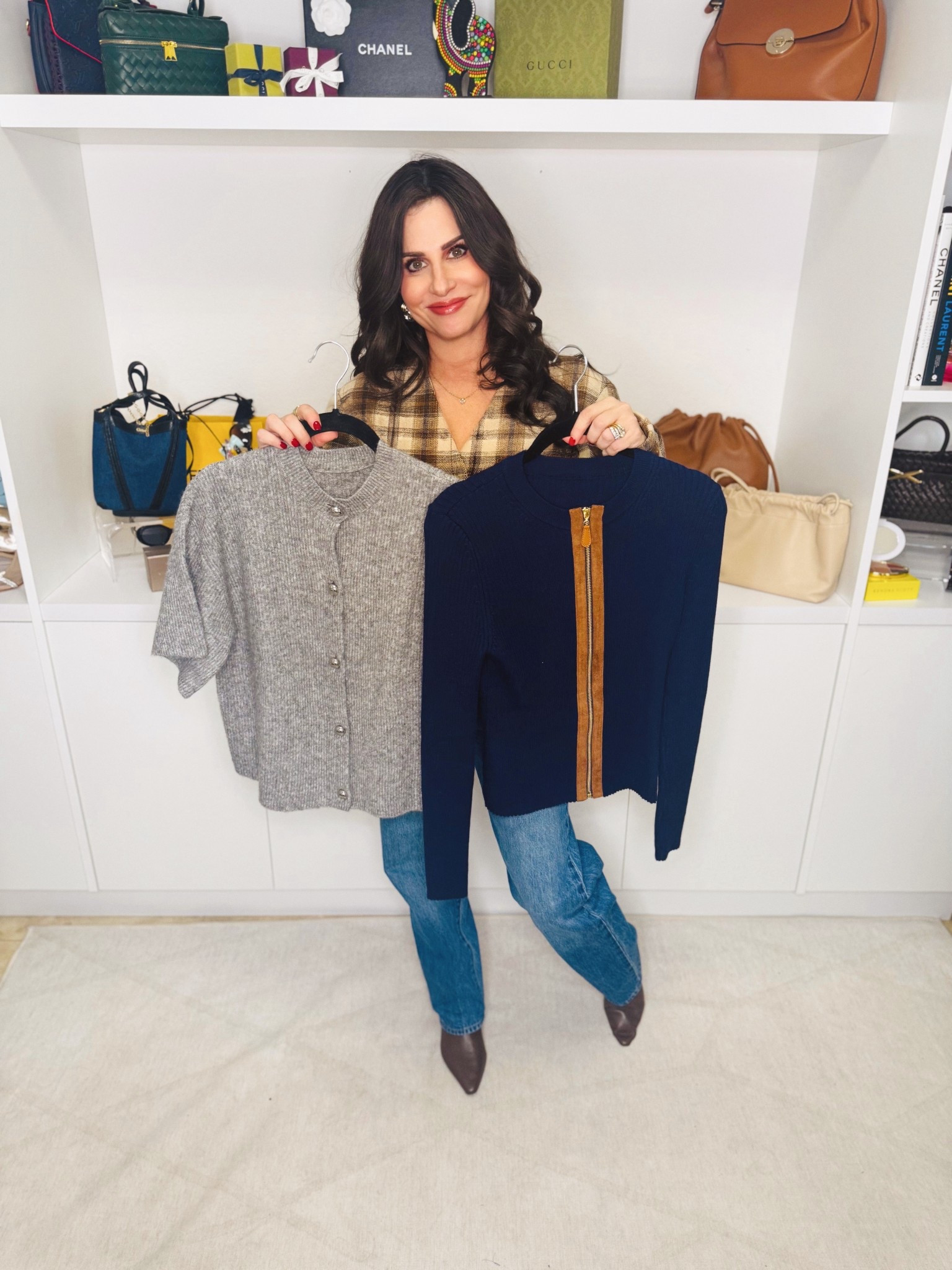 Top size sm , ribbed top with suede med , jacket 4 . Grey wool knit top - has a boxy fit ( wearing a sm ). #falltops #wintertops 

#LTKootd #LTKOver40 #LTKSaleAlert