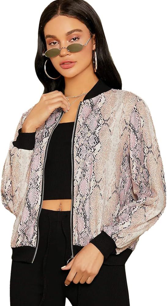 Floerns Women's Snakeskin Print Short Bomber Jacket | Amazon (US)