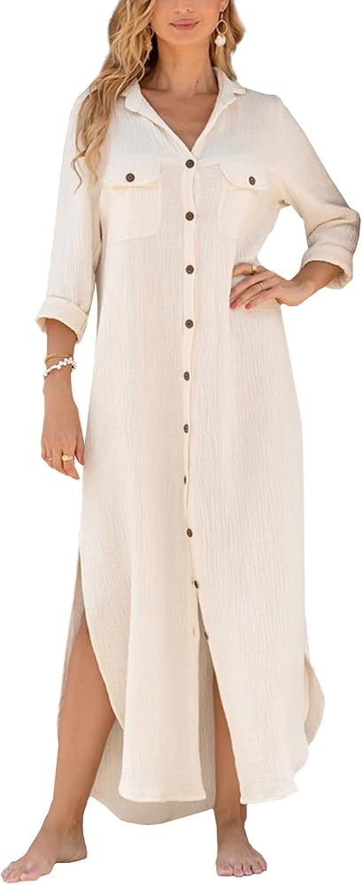 Breezy Lane Beach Cover Up for Women Cotton Long Button Down Shirt | Amazon (US)
