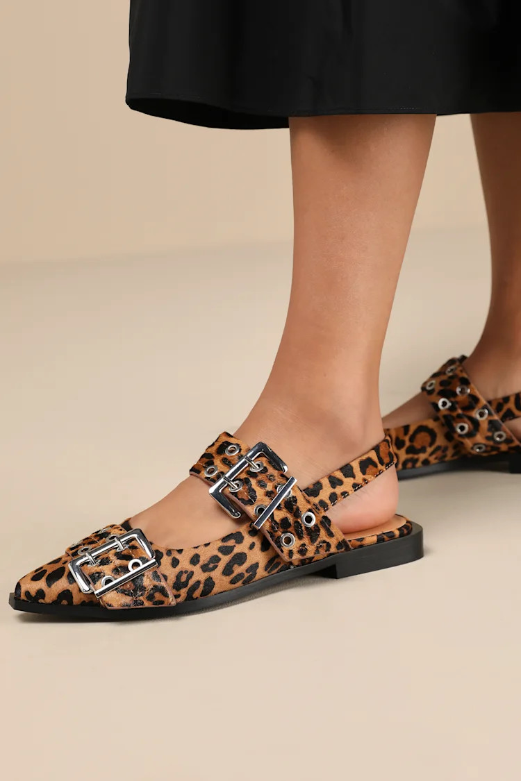 Graya Leopard Calf Hair Studded Buckle Slingback Flats | Lulus