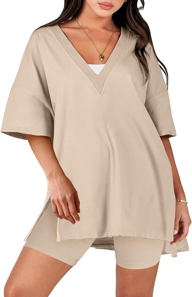ANRABESS Women's 2 Piece Outfit Sets Casual Oversized Reversible T-Shirt Tops Biker Shorts Lounge... | Amazon (US)
