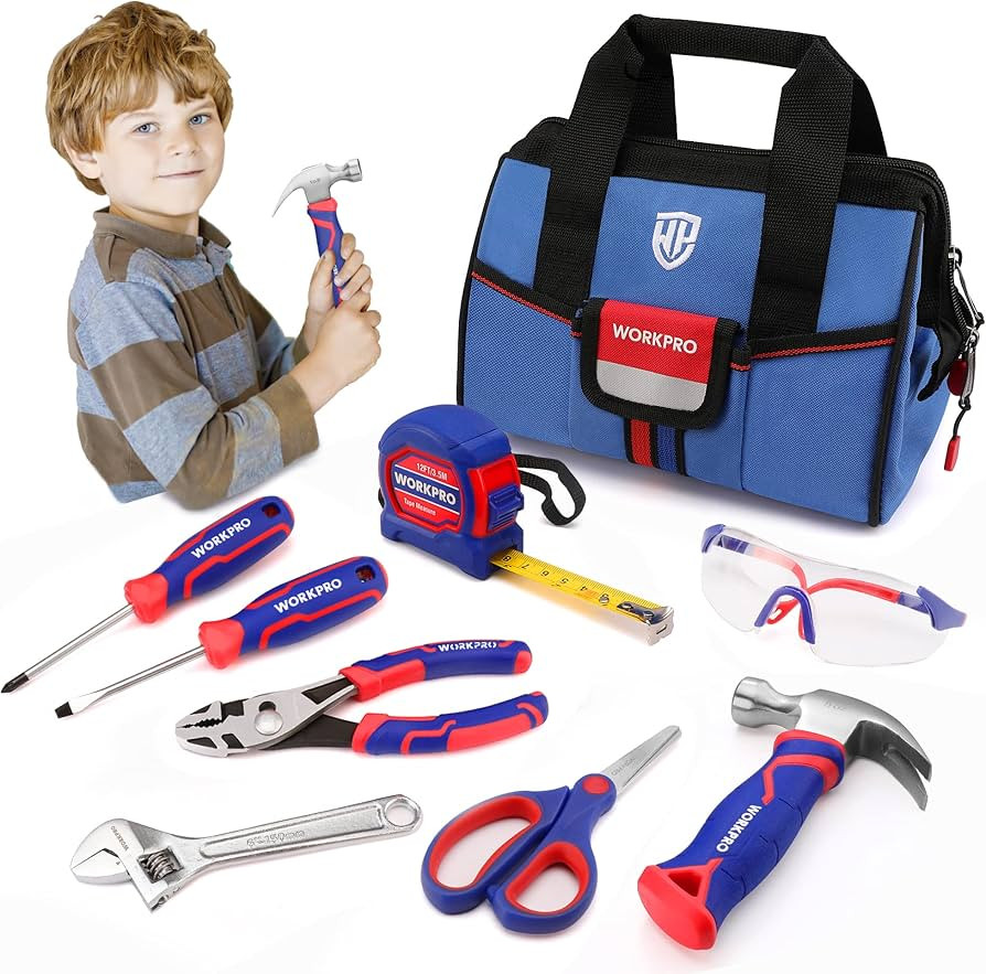 WORKPRO 9-Piece Kids Real Hand Tool Set, Blue Junior Tool Kit with Storage Bag for Boys, Girls, C... | Amazon (US)