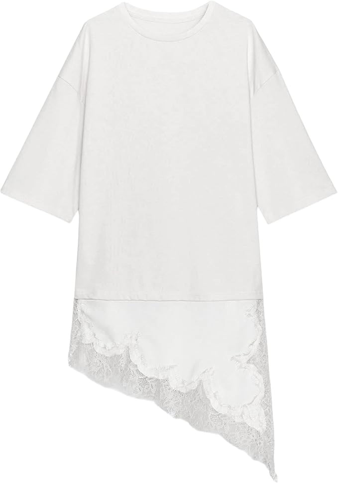 Colorful world Combination Lace T-Shirt for Women Oversized Tshirts Crewneck Short Sleeves Tees T... | Amazon (US)