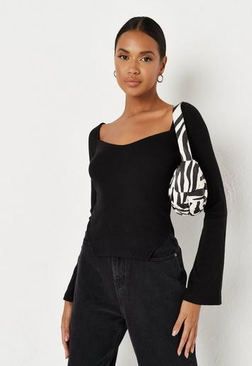 Black Wide Rib Asymmetric Hem Milkmaid Top | Missguided (US & CA)