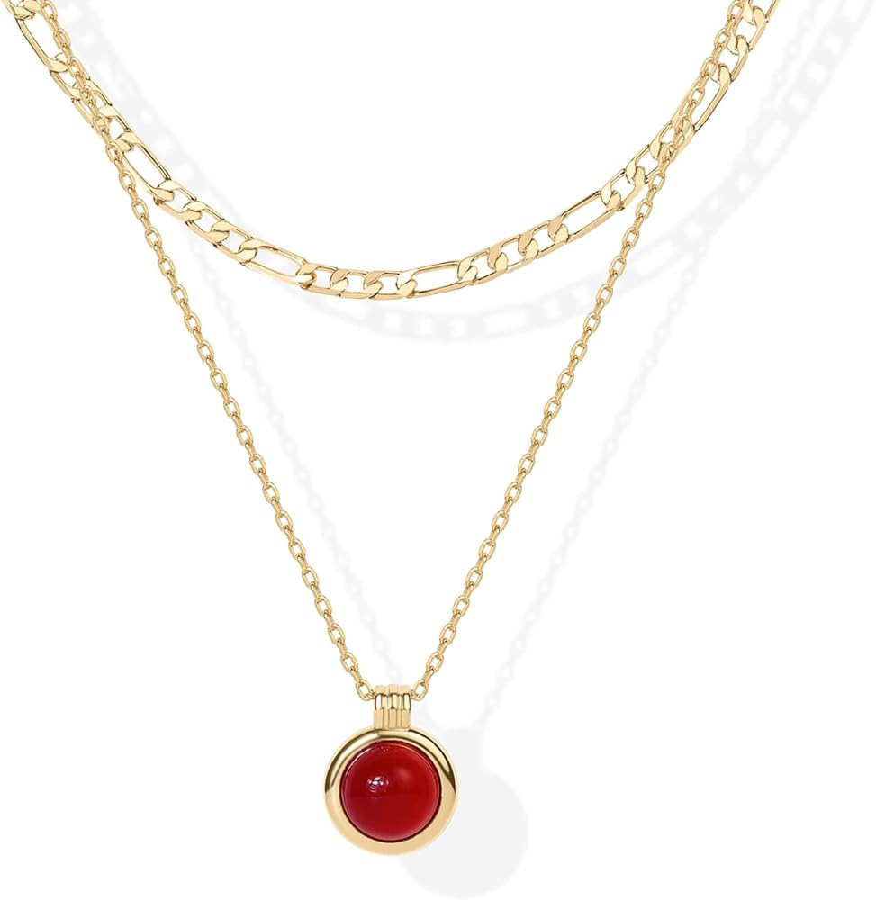 PAVOI 14K Gold Plated Layered Necklaces for Women | Gemstone Pendant Figaro Chain Necklace | Carn... | Amazon (US)