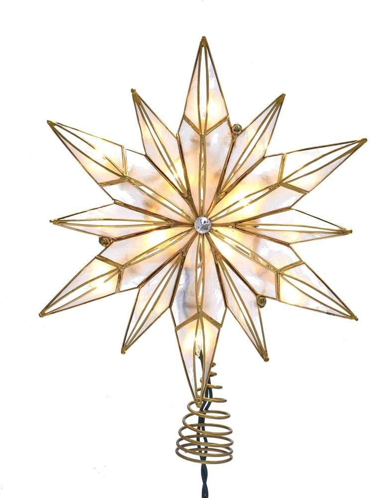 Kurt S. Adler Kurt Adler 10-Light 12-Point Capiz Star and Center Gem Treetop, Gold, White | Amazon (US)