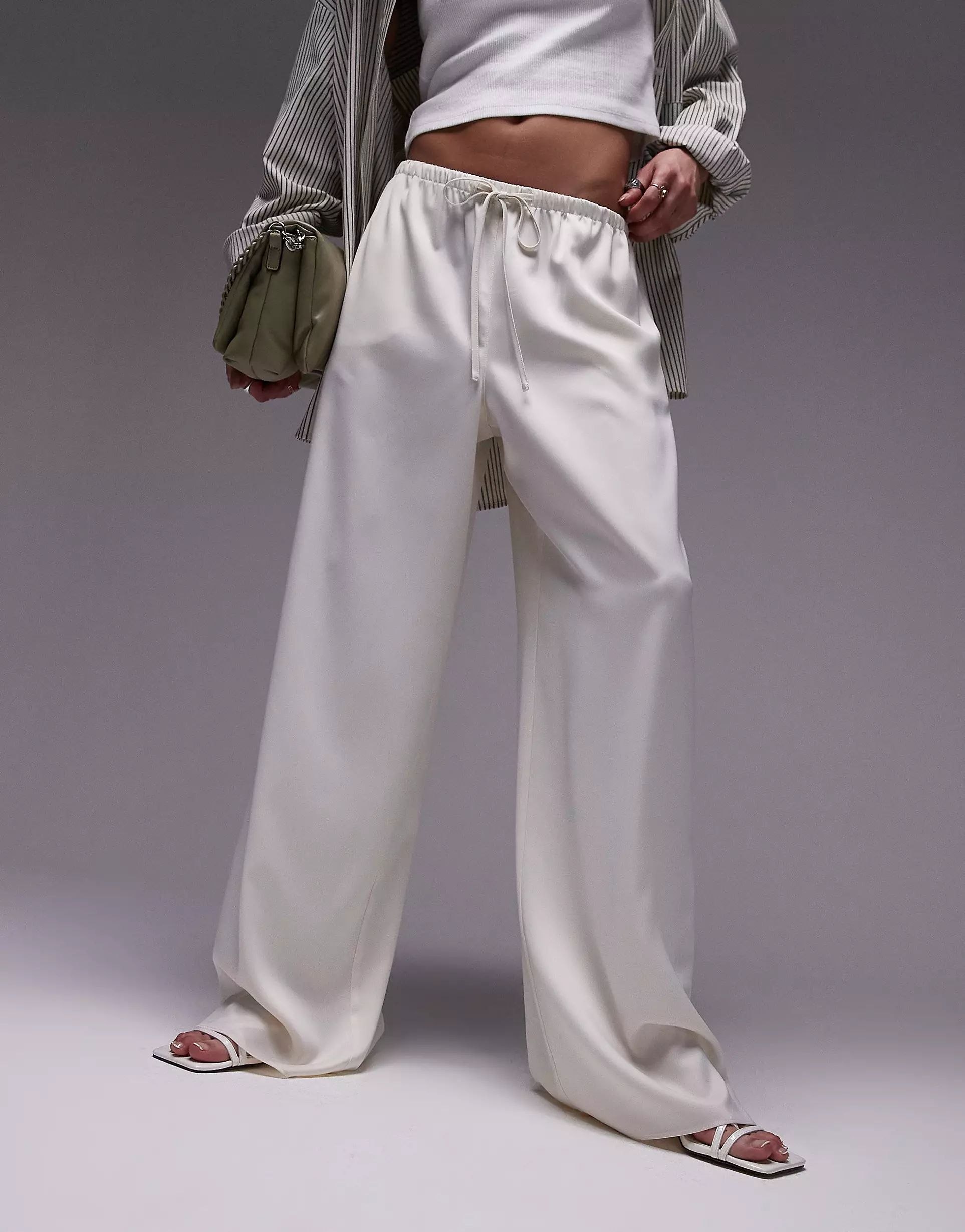 Topshop satin straight leg drawcord pants in oyster | ASOS (Global)