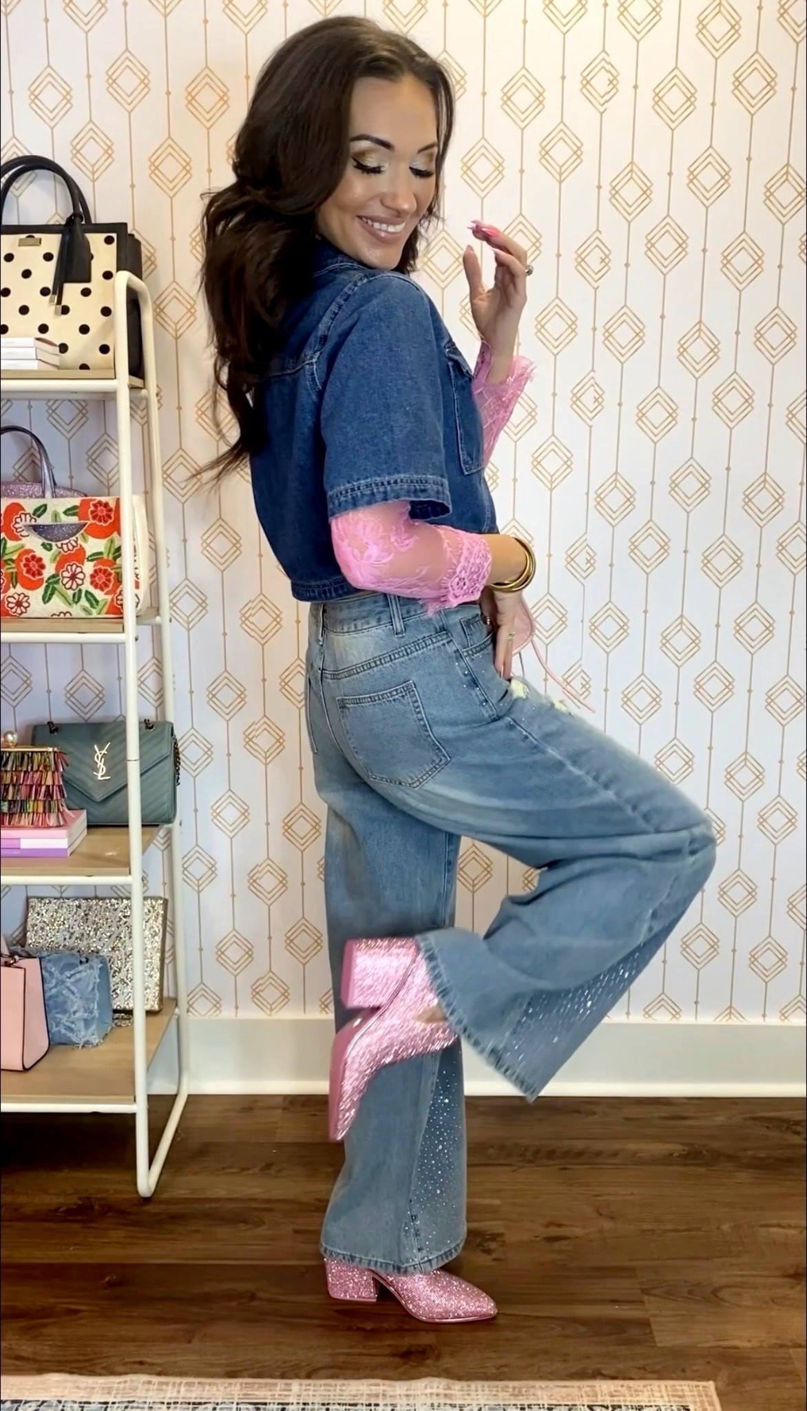 Here for a denim on denim moment, especially trying out these new jeans! The fit is amazing. 🤩 Paired with a few pink favorites. Rounding up a few budget options for my sparkly boots, plus all the colors for my mini bag & top! 

- denim on denim 
- sparkly jeans 
- pink boots
- lace top 
- western wear 

#LTKfindsunder50 #LTKshoecrush #LTKstyletip 

#LTKFestival #LTKootd #LTKSeasonal