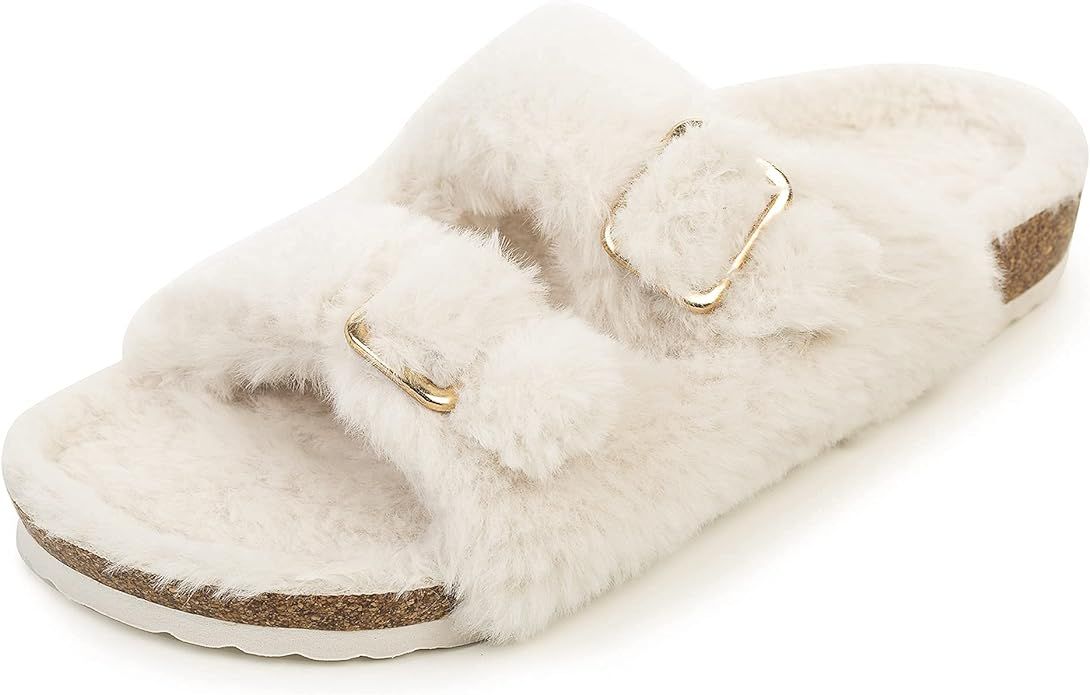 Amazon.com | FITORY Womens Open Toe Slipper with Cozy Lining,Faux Rabbit Fur Cork Slide Sandals B... | Amazon (US)