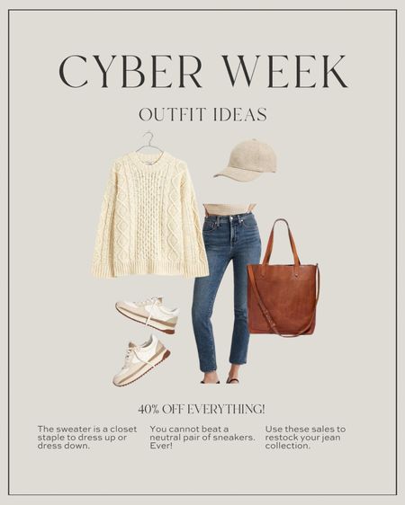 This whole outfit is on sale for cyber week at Madewell. 40% off
Neutral sneakers cable knit sweater vintage jeans leather tote 

#LTKsalealert #LTKCyberWeek #LTKstyletip