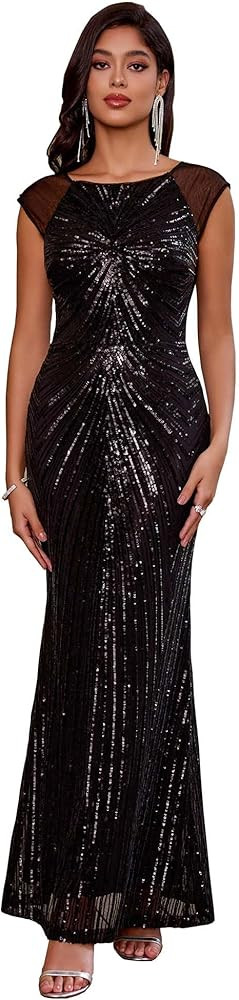 ANGEL FASHIONS Women's Sheer Gold Sequined Black Splicing Evening Dress | Amazon (US)