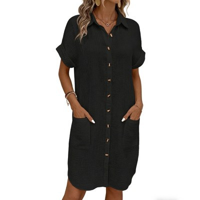 Women's Gauze Button Down Shirt Dress Short Sleeve Loose Fit Tunic Dress with Pockets Black L | Target