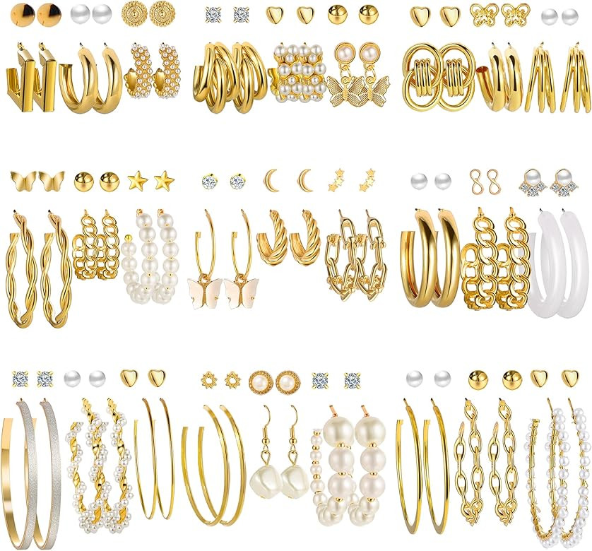 54 Pairs Gold Hoop Earrings Set for Women Multipack, Boho Fashion Statement Stud Hoop Earrings Pa... | Amazon (US)