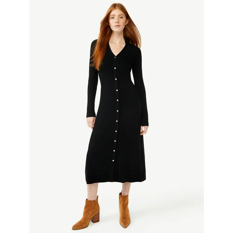 Free Assembly Women's Ribbed Sweater Midi Dress with Collar - Walmart.com | Walmart (US)