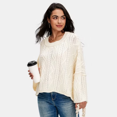 Knit & Lounge Women’s Open Knit Long Sleeve Crewneck Sweater Lightweight Cable Textured Soft Pullover Relaxed Fit- Small ,Beige | Target
