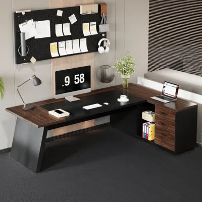 78" L-Shaped Executive Desk Computer Desk Writing Desk- Dark Walnut & Black | Wayfair North America