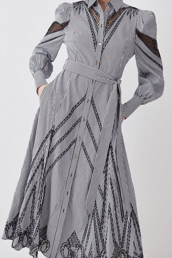 Striped Cotton Cutwork Midi Shirt Dress | Karen Millen US