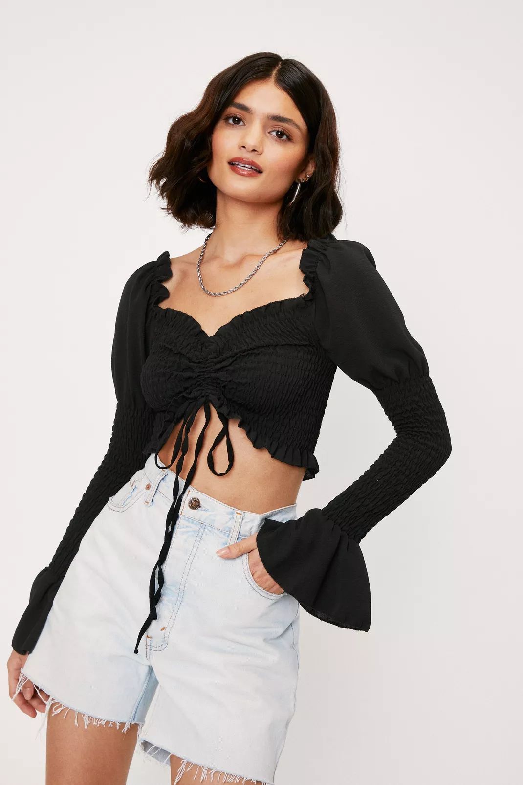 Shirred Ruched Front Puff Flute Sleeve Crop Top | Nasty Gal (US)