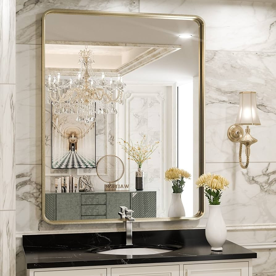 TokeShimi Gold Bathroom Mirror for Wall 36 x 30 Inch Brushed Brass Metal Rounded Corner Rectangle... | Amazon (US)