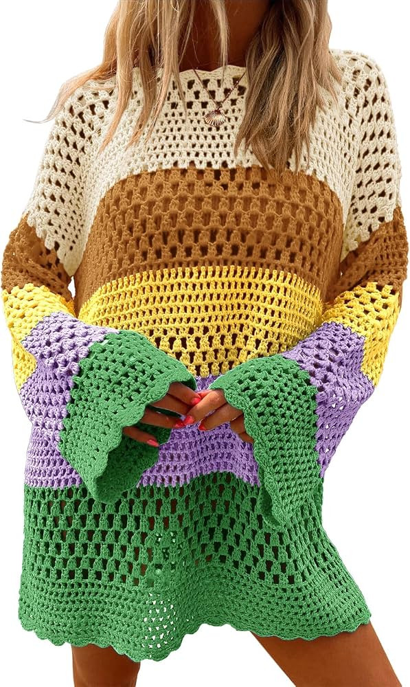Langwyqu Womens Summer Crochet Swimsuit Coverup Long Sleeve Color Block Bathing Suit Swimwear Cov... | Amazon (US)