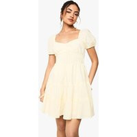 Womens Cotton Tiered Puff Sleeve Smock Mini Dress - Yellow - M | boohoo (US & Canada)