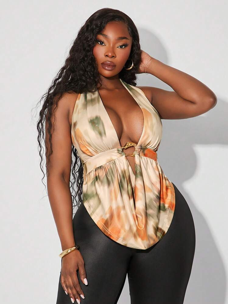 SHEIN SXY Plus Size Women's Spring & Summer Elegant Sexy Daily Basic Draped Neck Cowl Neckline Halter Ruched Metal Decor Top,Suitable For Everyday Wear,Club Women Sexy,Going Out Tops | SHEIN