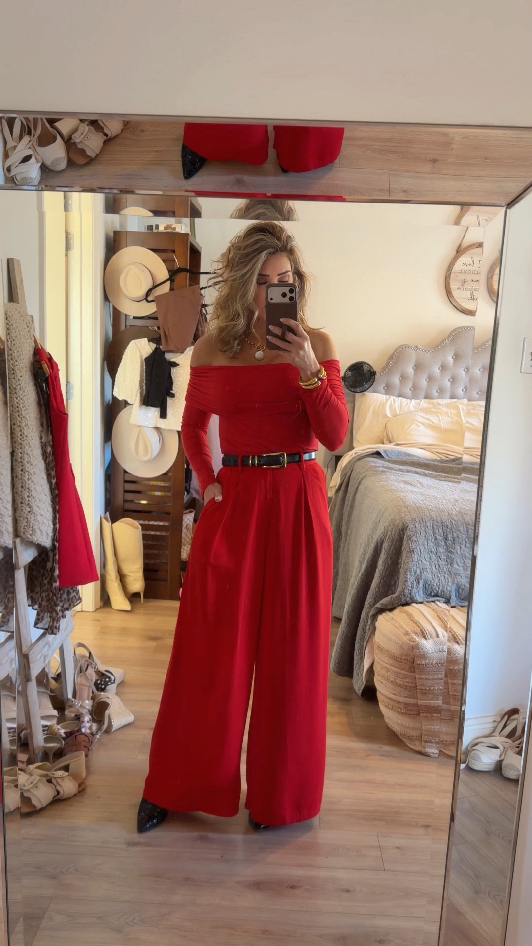 Christmas party tonight. Going with monochromatic red. ✨♥️

Christmas outfit, Amazon, holiday party outfit, red wide leg trousers pants, red long sleeve off the shoulder top

#LTKOver40 #LTKHoliday #LTKgrwm