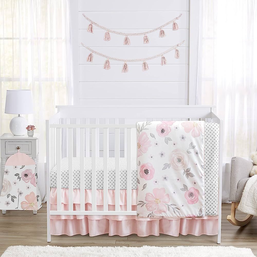 4 pc. Blush Pink, Grey and White Watercolor Floral Baby Girl Crib Bedding Set by Sweet Jojo Desig... | Amazon (US)