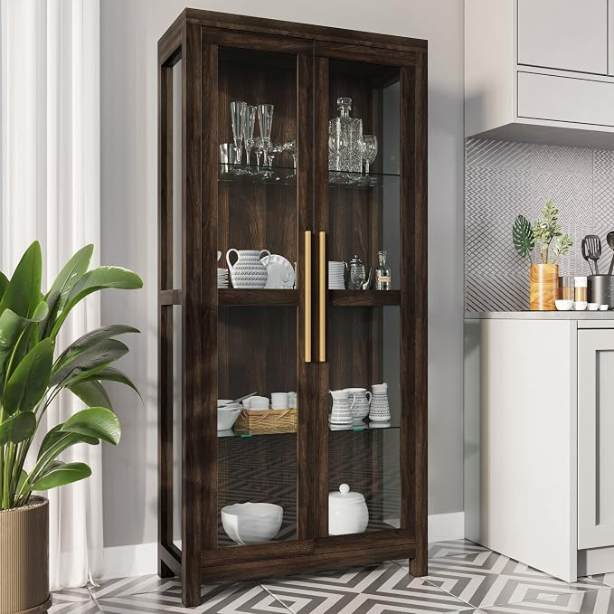 BELLEZE Glass Display Cabinet, Tall Curio Cabinet with Tempered Glass Doors for Living Room, Trop... | Amazon (US)