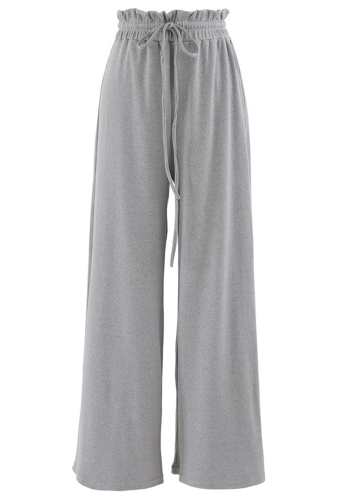Drawstring Paper-Bag Waist Ribbed Yoga Pants in Grey | Chicwish