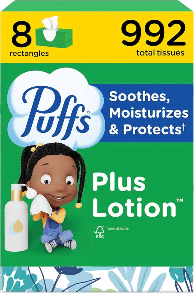 Puffs Facial Tissues Plus Lotion, 8 Family Rectangle Boxes, 124 Facial Tissues per Box, Allergies... | Amazon (US)