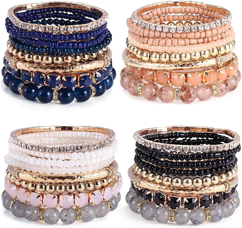 4 Sets Bohemian Bracelet Sets for Women Multi-Color Bohemian Stackable Stretch Natural Stone Bead... | Amazon (US)