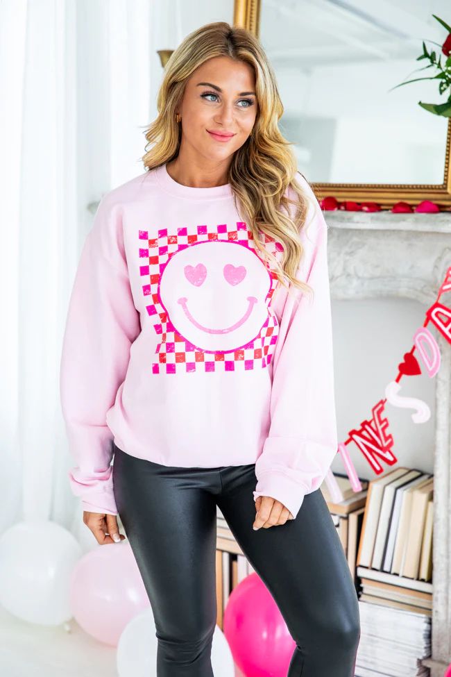 Red Checkered Distressed Smiley Light Pink Graphic Sweatshirt | Pink Lily