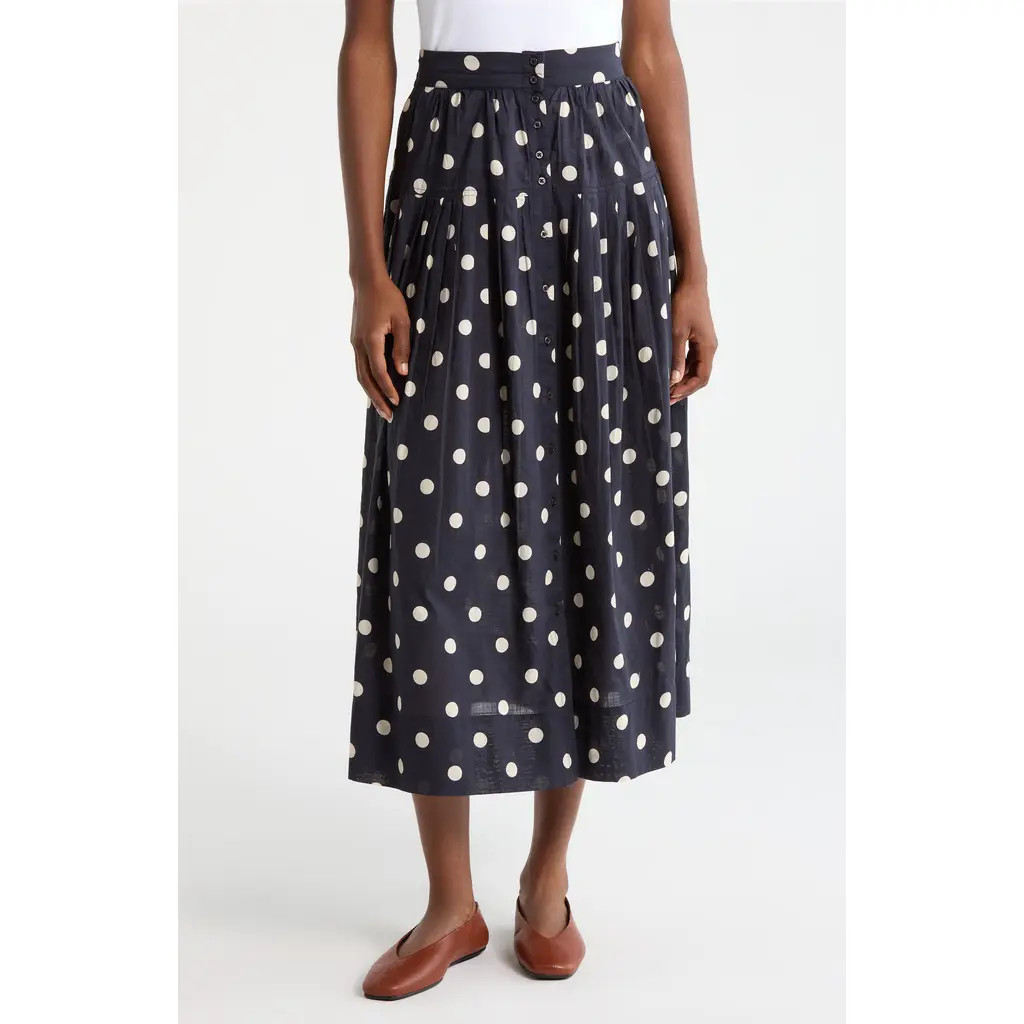 THE GREAT. The Highland Polka Dot Cotton Skirt in Navy W/Cream Polka Dots at Nordstrom, Size 0 | Nordstrom