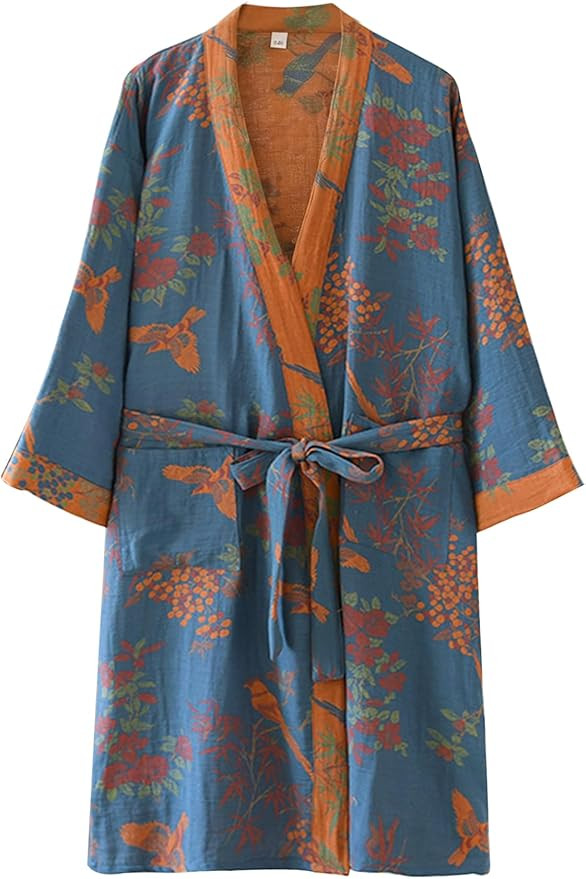 Women Cotton Gauze Robe Yukata Muslin Kimono Bathrobe | Amazon (US)
