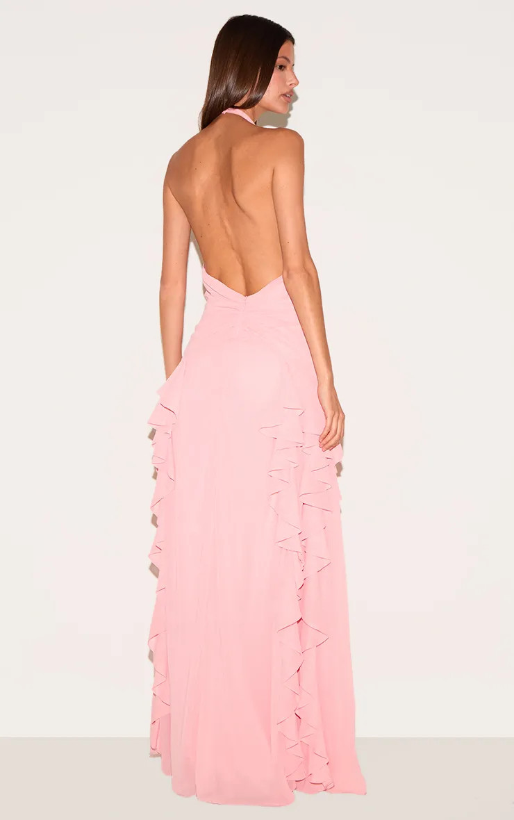 Light Pink Plunge Ruched Frill Detail Maxi Dress | PrettyLittleThing UK