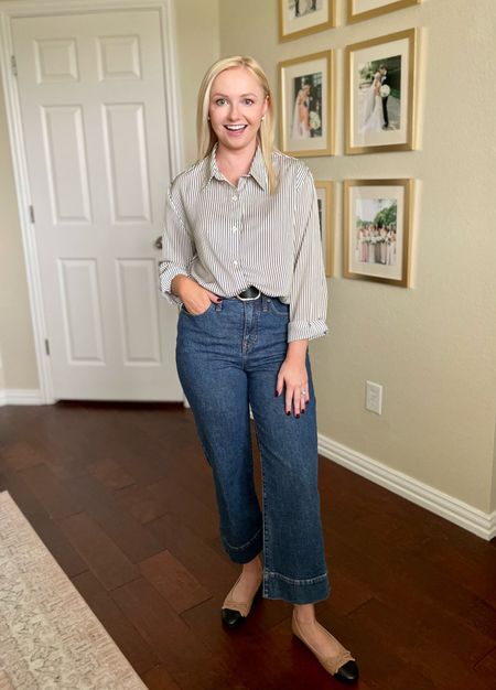 Wearing a small in top and 26P in jeans | casual outfit, fall outfit, crop flare jeans, crop jeans, button up, satin shirt, stripe shirt, wardrobe staples 

#LTKfindsunder50 #LTKSeasonal #LTKstyletip