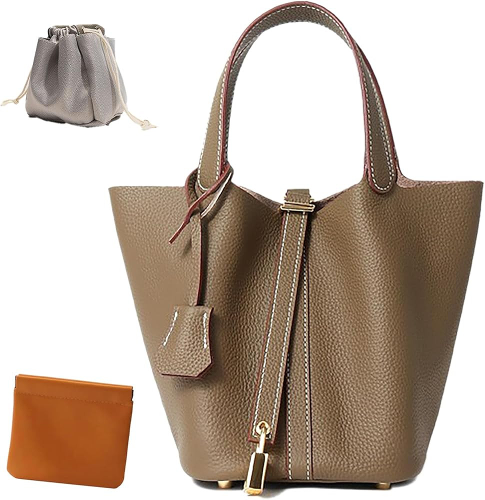 Genuine Leather Lock Design Bucket Bag Vegetable Basket, Fashionable and Versatile Shoulder Handb... | Amazon (US)