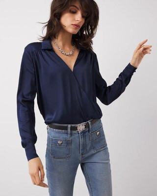 Women's Satin Surplice Blouse in Officer Blue size XL | White House Black Market, What To Wear To Work | White House Black Market