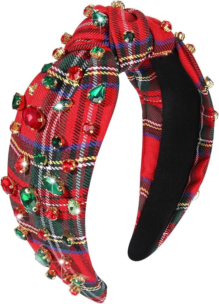 boderier Christmas Headbands for Women Red Plaid Headband Jeweled Crystal Wide Knotted Headband X... | Amazon (US)