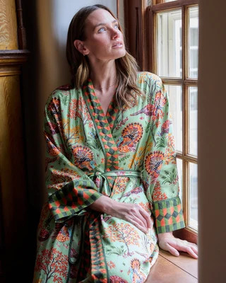 Eco Silky Robe in Turkey Trot | Women's Plus Size 3X/4X | Blue | | Sleepwear | Printfresh