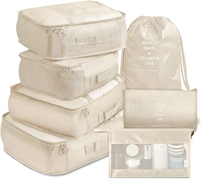 VAGREEZ Packing Cubes, 7 Pcs Travel Luggage Packing Organizers Set with Toiletry Bag (Beige) | Amazon (US)