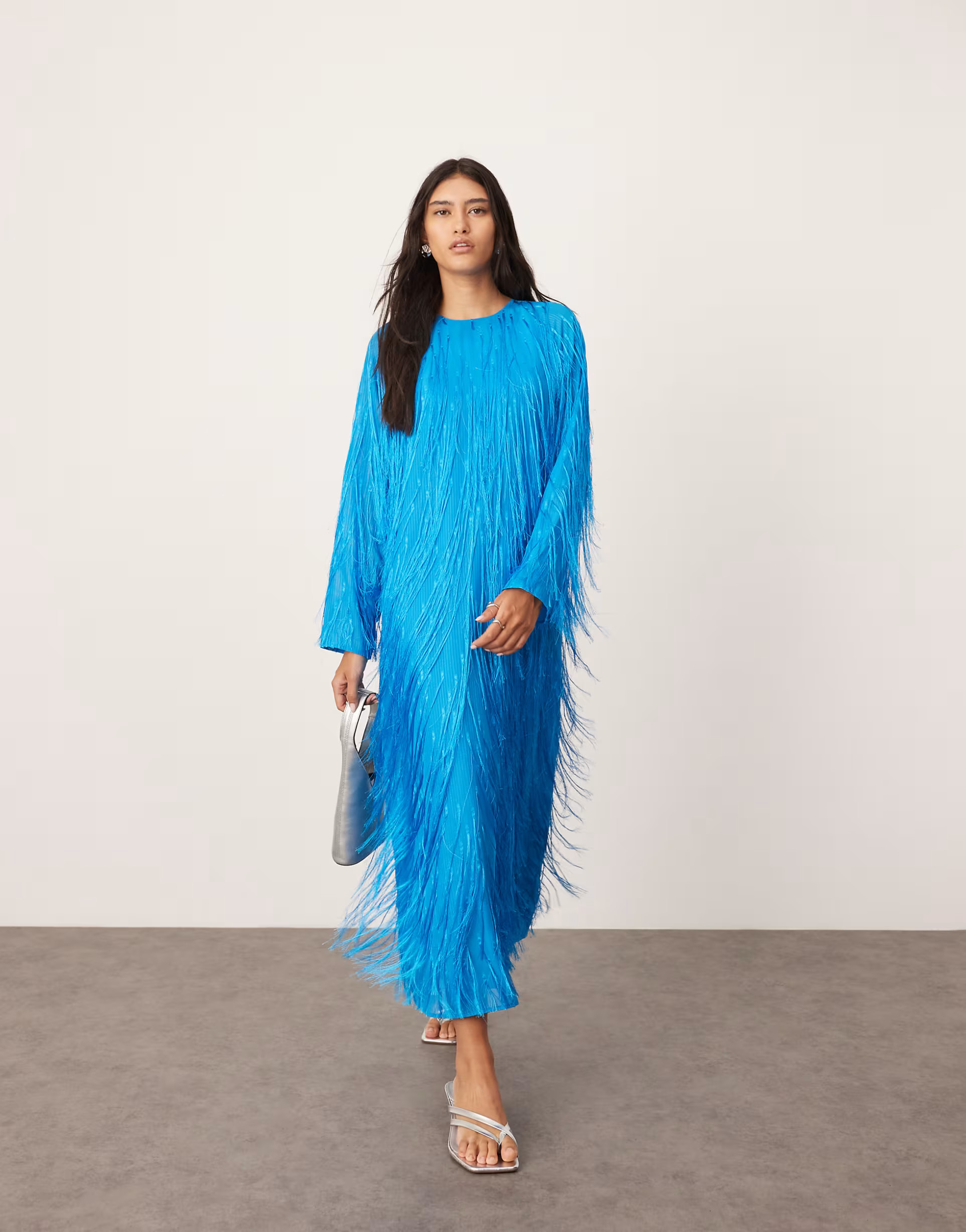 ASOS EDITION fringe detail crew neck maxi dress in bright blue | ASOS (Global)