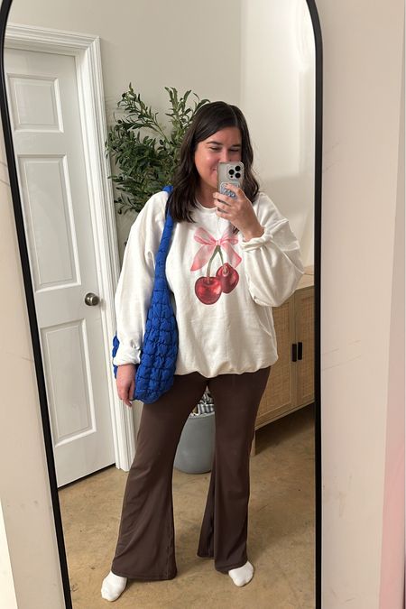 Casual Mom Leggings Fit. My FAVE Amazon flare leggings. Etsy cherry bow crewneck. Amazon free people lookalike bag (this one is so good!). 

Casual mom style

#LTKstyletip